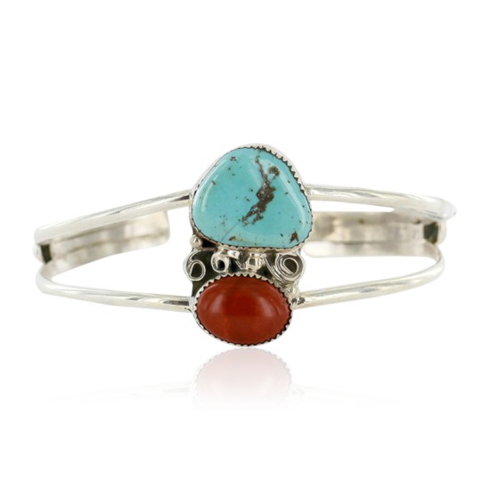 Handmade Certified Authentic Navajo .925 Sterling Silver Natural Turquoise and Red Jasper Native American Bracelet 12757-4