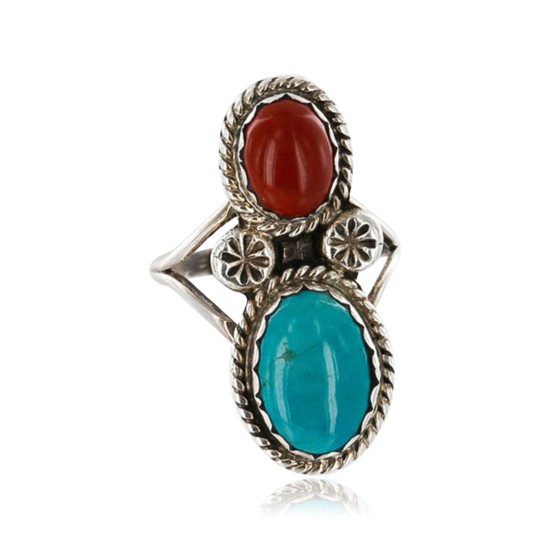 Handmade Certified Authentic Navajo .925 Sterling Silver Natural Turquoise and Red Jasper Native American Ring  390845614761