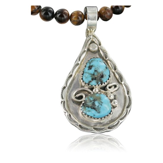 Handmade Certified Authentic Navajo .925 Sterling Silver Natural Turquoise and Tigers Eye Native American Necklace & Pendant 370918307180