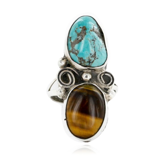 Handmade Certified Authentic Navajo .925 Sterling Silver Natural Turquoise and Tigers Eye Native American Ring  16958-2