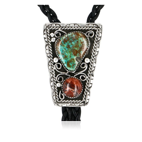 Handmade Certified Authentic Navajo .925 Sterling Silver Natural Turquoise Jasper Native American Bolo Tie  24390-2