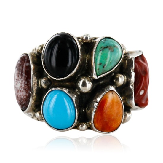 Handmade Certified Authentic Navajo .925 Sterling Silver Natural Turquoise Onyx Coral Jasper Spiny Native American Ring  16882