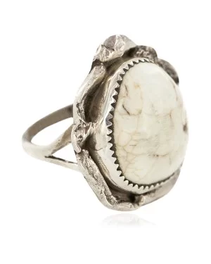 Handmade Certified Authentic Navajo .925 Sterling Silver Natural White Buffalo Native American Ring 18297-2