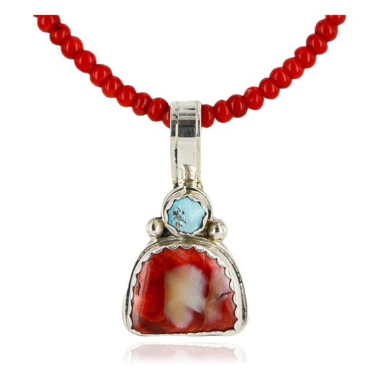 HANDMADE Certified Authentic Navajo .925 Sterling Silver Orange Spiny Oyster, Coral and Turquoise Native American Necklace 390887168794