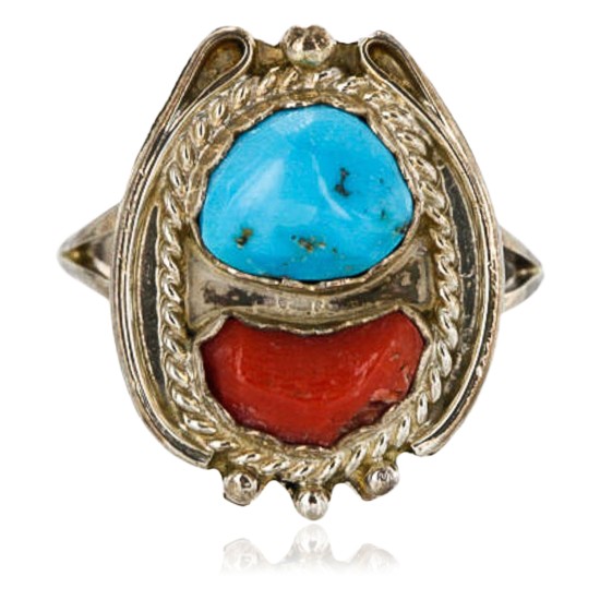 Handmade Certified Authentic Navajo .925 Sterling Silver Turquoise and Coral Native American Ring  371068328700