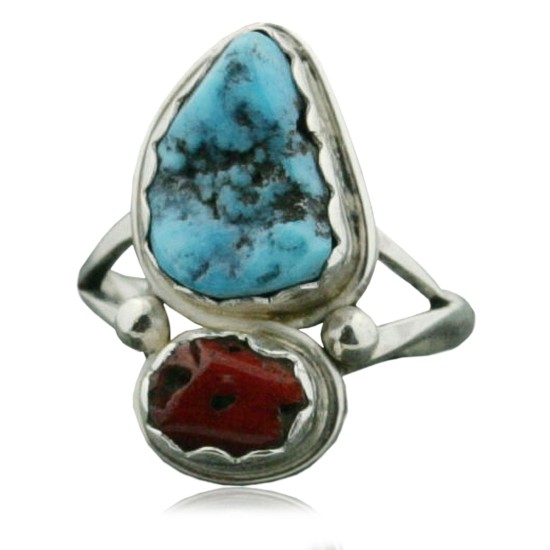Handmade Certified Authentic Navajo .925 Sterling Silver Turquoise and Coral Native American Ring  390735954637