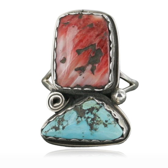 Handmade Certified Authentic Navajo .925 Sterling Silver Turquoise and Spiny Oyster Native American Ring  370917003840