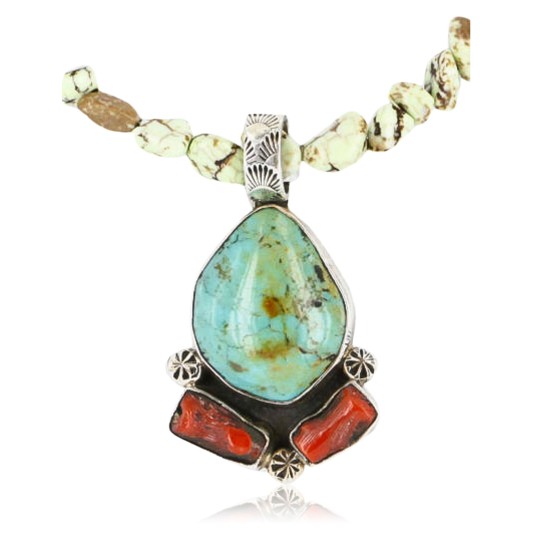 Handmade Certified Authentic Navajo .925 Sterling Silver Turquoise, Gaspeite and Coral Native American Necklace 390851652619