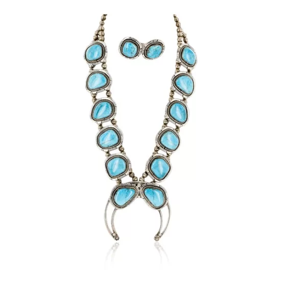 Handmade Certified Authentic Navajo .925 Sterling Silver Turquoise Squash Blossom Native American Necklace and Earrings Set Ray Begay 15740-17659 Handmade Certified Authentic Navajo .925 Sterling Silver Turquoise Squash Blossom Native American Necklace and Earrings Set Ray Begay 15740-17659