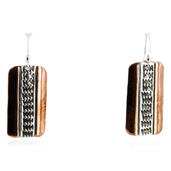 Handmade Certified Authentic Navajo Handstamped Real Handmade Copper and .925 Sterling Silver Native American Earrings 27158-5