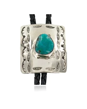 Handmade Navajo Leather Nickel Natural Turquoise Bolo Tie 24488-2