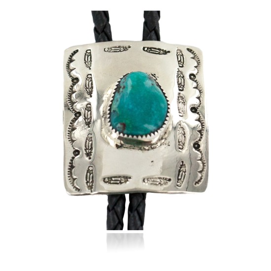 Handmade Certified Authentic Navajo Leather Nickel Natural Turquoise Native American Bolo Tie 24488-2