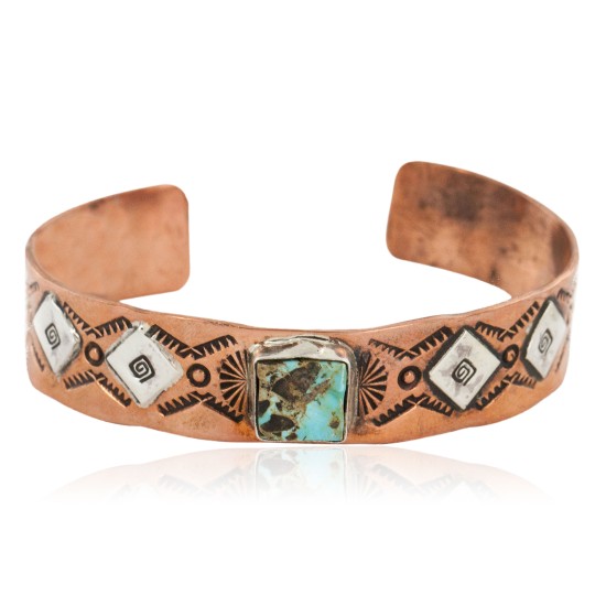 Handmade Certified Authentic Navajo Natural Turquoise Pure .925 Sterling Silver and Copper Native American Bracelet 1286-2