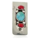 Handmade Certified Authentic Navajo Nickel and .925 Sterling Silver Coral Natural Turquoise Native American Money Clip 11239-1