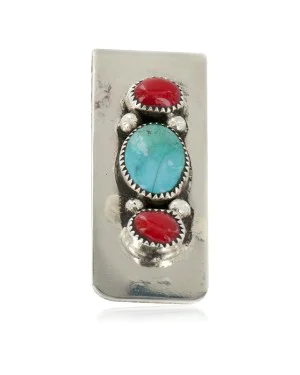 Handmade Certified Authentic Navajo Nickel and .925 Sterling Silver Coral Natural Turquoise Native American Money Clip 11239-1 Handmade Certified Authentic Navajo Nickel and .925 Sterling Silver Coral Natural Turquoise Native American Money Clip 11239-1