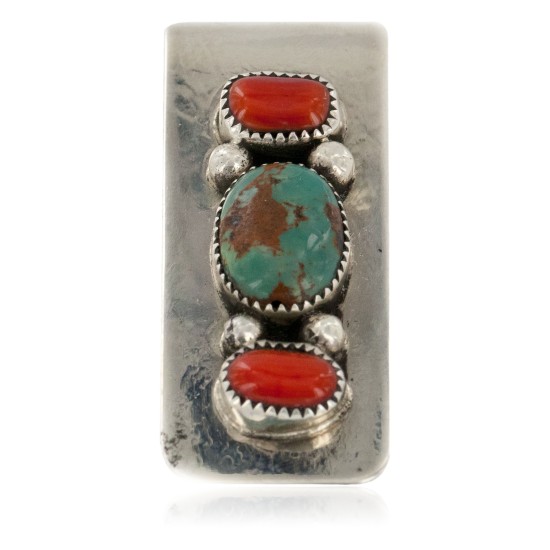 Handmade Certified Authentic Navajo Nickel and .925 Sterling Silver Coral Natural Turquoise Native American Money Clip 11239-2