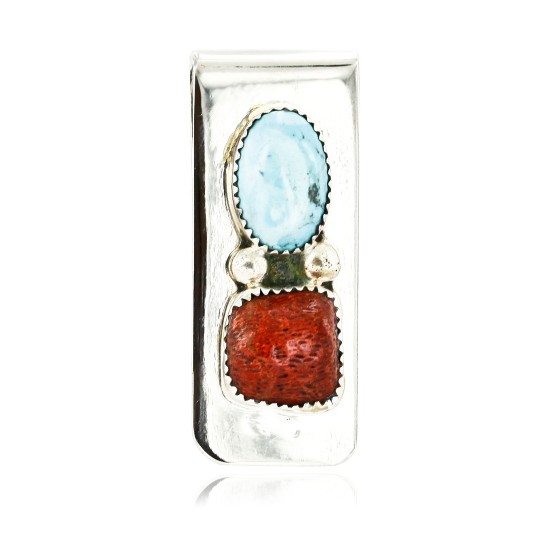 Handmade Certified Authentic Navajo Nickel and .925 Sterling Silver Natural Turquoise Coral Native American Money Clip 10525-2