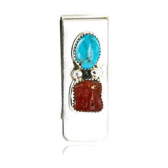 Handmade Certified Authentic Navajo Nickel and .925 Sterling Silver Natural Turquoise Coral Native American Money Clip 10525-4