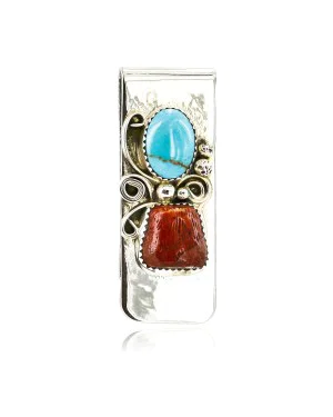Handmade Certified Authentic Navajo Nickel and .925 Sterling Silver Natural Turquoise Coral Native American Money Clip 10525-5 Handmade Certified Authentic Navajo Nickel and .925 Sterling Silver Natural Turquoise Coral Native American Money Clip 10525-5