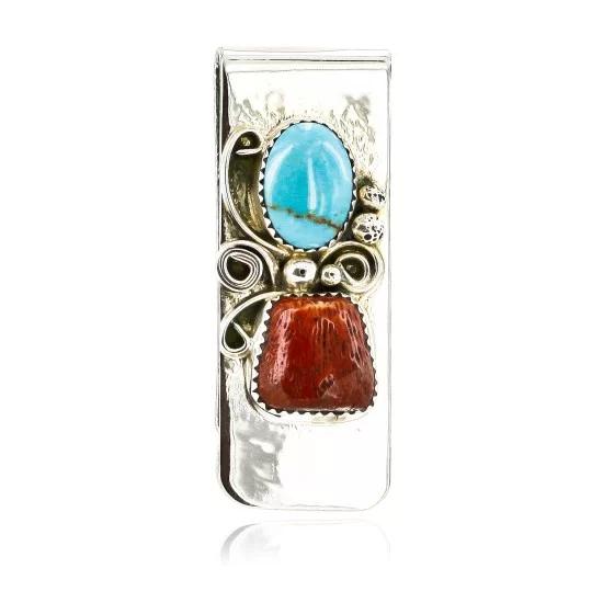Handmade Certified Authentic Navajo Nickel and .925 Sterling Silver Natural Turquoise Coral Native American Money Clip 10525-5 Handmade Certified Authentic Navajo Nickel and .925 Sterling Silver Natural Turquoise Coral Native American Money Clip 10525-5