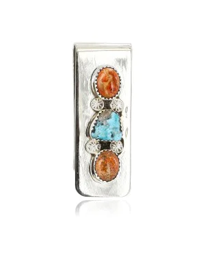Handmade Certified Authentic Navajo Nickel and .925 Sterling Silver Natural Turquoise Jasper Native American Money Clip 10526-2