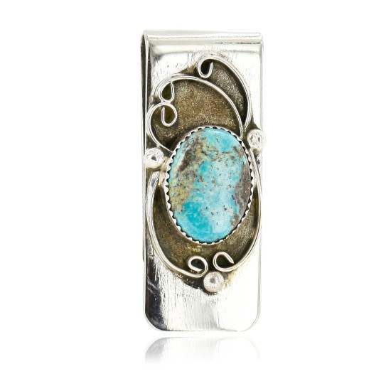 Handmade Certified Authentic Navajo Nickel and .925 Sterling Silver Natural Turquoise Native American Money Clip 10524-1