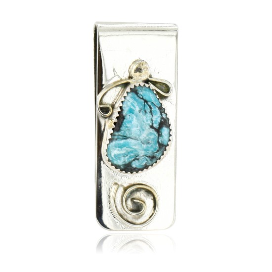 Handmade Certified Authentic Navajo Nickel and .925 Sterling Silver Natural Turquoise Native American Money Clip 10524-4