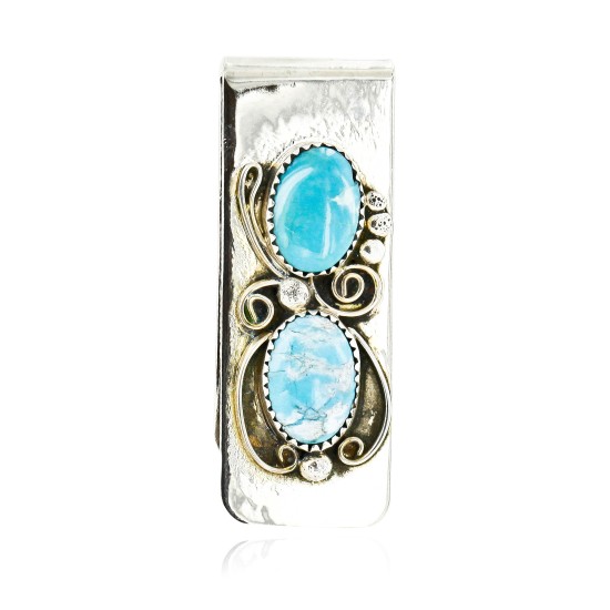 Handmade Certified Authentic Navajo Nickel and .925 Sterling Silver Natural Turquoise Native American Money Clip 10525-1