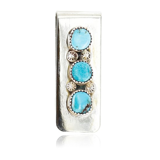 Handmade Certified Authentic Navajo Nickel and .925 Sterling Silver Natural Turquoise Native American Money Clip 10528-2