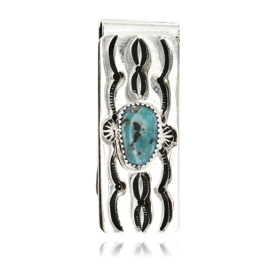 Handmade Certified Authentic Navajo Nickel and .925 Sterling Silver Natural Turquoise Native American Money Clip 11238-4