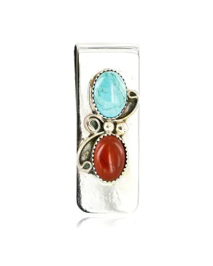 Handmade Certified Authentic Navajo Nickel and .925 Sterling Silver Natural Turquoise Red Jasper Native American Money Clip 10525-9 Handmade Certified Authentic Navajo Nickel and .925 Sterling Silver Natural Turquoise Red Jasper Native American Money Clip 10525-9