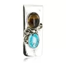 Handmade Certified Authentic Navajo Nickel and .925 Sterling Silver Natural Turquoise Tigers Eye Native American Money Clip 10525-3