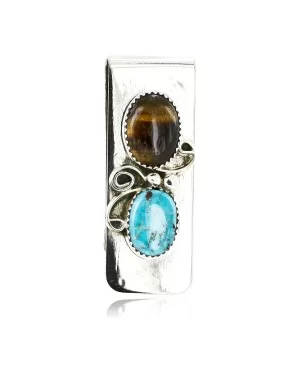 Handmade Certified Authentic Navajo Nickel and .925 Sterling Silver Natural Turquoise Tigers Eye Native American Money Clip 10525-3 Handmade Certified Authentic Navajo Nickel and .925 Sterling Silver Natural Turquoise Tigers Eye Native American Money Clip 10525-3