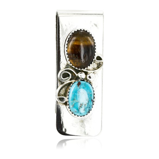Handmade Certified Authentic Navajo Nickel and .925 Sterling Silver Natural Turquoise Tigers Eye Native American Money Clip 10525-3 Handmade Certified Authentic Navajo Nickel and .925 Sterling Silver Natural Turquoise Tigers Eye Native American Money Clip 10525-3