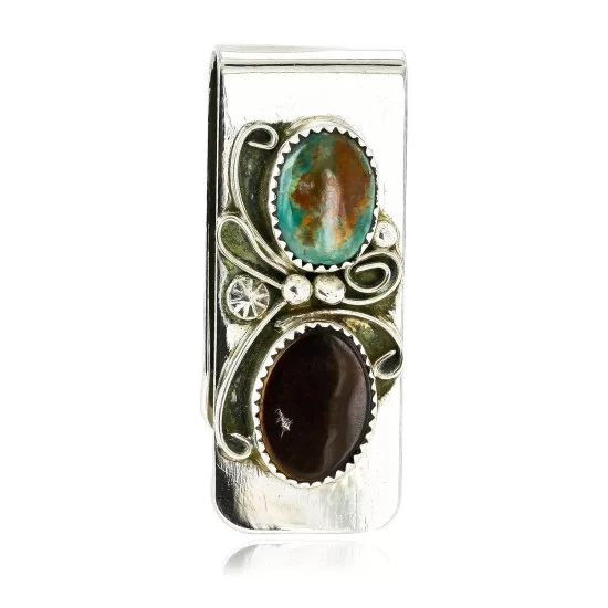 Handmade Certified Authentic Navajo Nickel and .925 Sterling Silver Natural Turquoise Tigers Eye Native American Money Clip 10525-7 Handmade Certified Authentic Navajo Nickel and .925 Sterling Silver Natural Turquoise Tigers Eye Native American Money Clip 10525-7