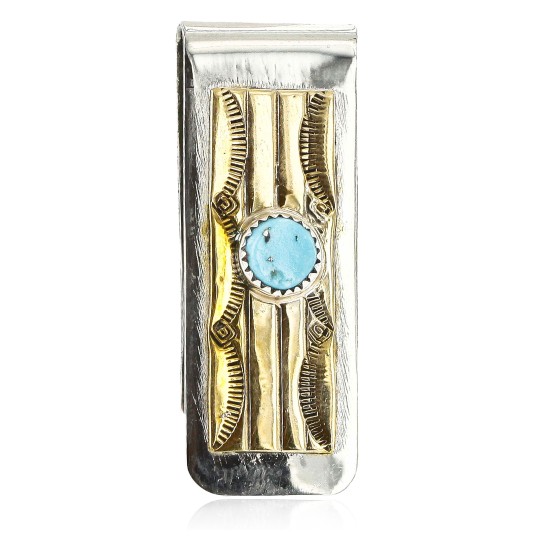 Handmade Certified Authentic Navajo Nickel and Brass Natural Turquoise Native American Money Clip 10523-2