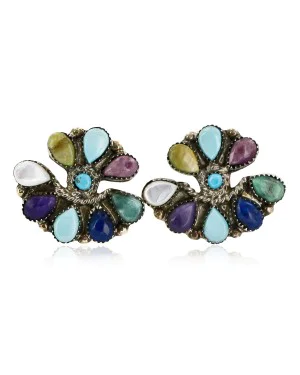 Handmade Certified Authentic Petit Point Zuni .925 Sterling Silver Natural Multicolor Stud Native American Earrings 27127-0
