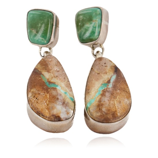 Handmade Certified Authentic Signed .925 Sterling Silver Natural Boulder Turquoise Dangle Native American Dangle Earrings 17934