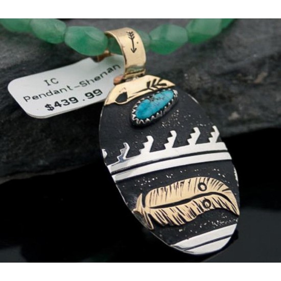Handmade Feather Certified Authentic Navajo .925 Sterling Silver 12kt Gold Filled Natural Turquoise Native American Necklace 390615942435