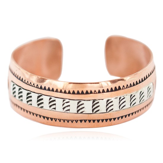 Handmade Feather Maze Navajo .925 Sterling Silver and Pure Copper Certified Authentic Native American Bracelet 13097-2