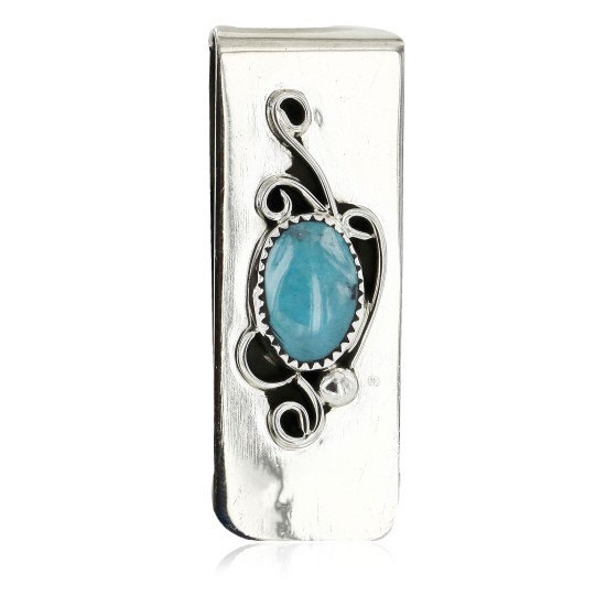 Handmade Flower Certified Authentic Navajo Nickel and .925 Sterling Silver Natural Turquoise Native American Money Clip 11238-7