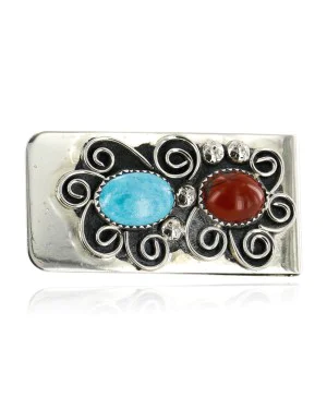 Handmade Flower Certified Authentic Signed Navajo Nickel Natural Turquoise and Jasper Native American Money Clip 11228