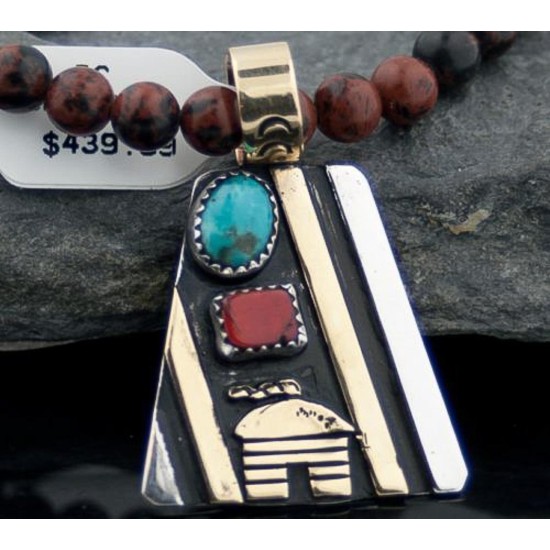 Handmade Hogan Certified Authentic Navajo Native .925 Sterling Silver 12kt Gold Filled Coral and Turquoise Native American Necklace 370803468959