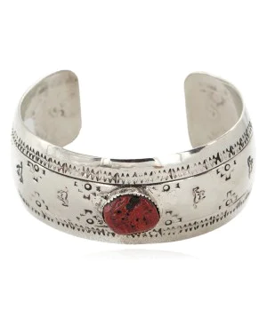 Handmade Horse Certified Authentic Natural Coral Navajo Nickel Native American Bracelet 12797