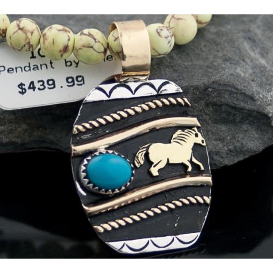 Handmade Horse Certified Authentic Navajo .925 Sterling Silver 12kt Gold Filled Turquoise Native American Necklace 370801291926