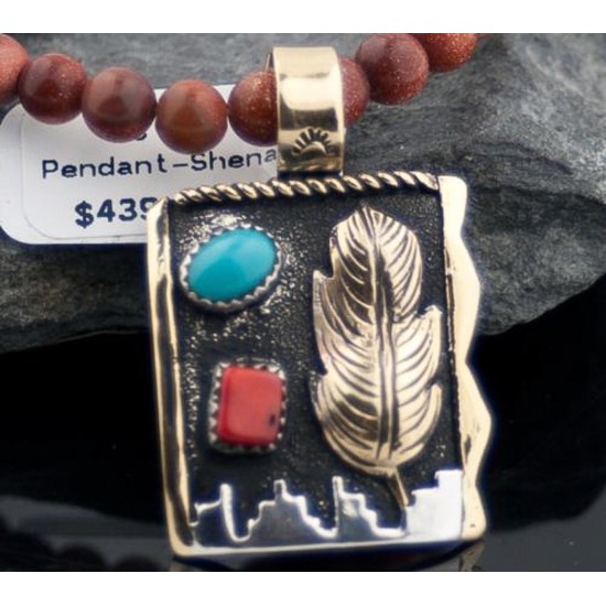 Handmade Leaf Certified Authentic Navajo .925 Sterling Silver 12kt Gold Filled Coral, Gold Stone and Turquoise Native American Necklace 390589681815