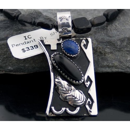 Handmade Leaf Certified Authentic Navajo Native .925 Sterling Silver Onyx, LAPIS and Turquoise Native American Necklace 390582579738