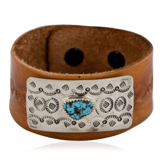 Handmade Leather Certified Authentic Navajo Natural Turquoise Native American Bracelet 12848-2