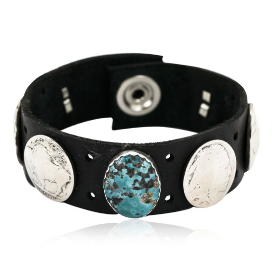 Handmade LEATHER Certified Authentic Vintage Style Buffalo Nickel Navajo .925 Sterling Silver Natural Turquoise Native American Bracelet 12834-1