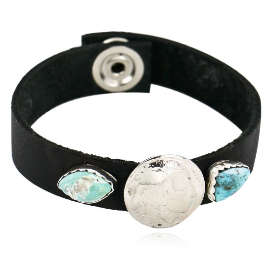 Handmade LEATHER Certified Authentic Vintage Style Buffalo Nickel Navajo .925 Sterling Silver Turquoise Native American Bracelet 12836-1